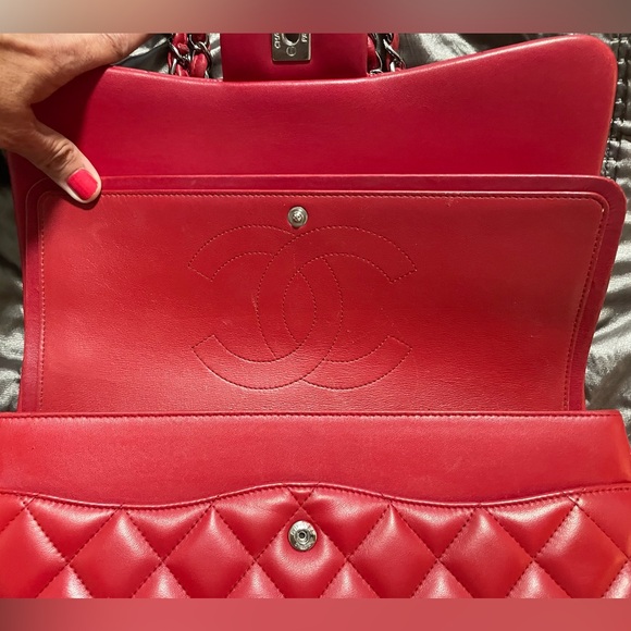 Authentic CHANEL Red Leather Jumbo Double Flap Bag Purse Silver Hardware RARE! - Picture 11 of 16